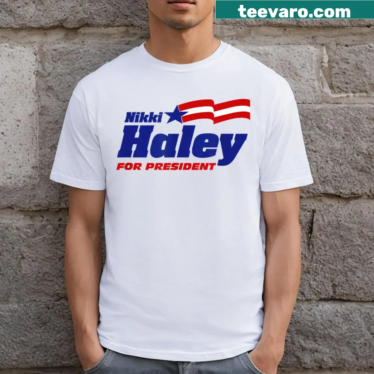 Nikki Haley 2024 presidential election themed t-shirt — on a men's t-shirt