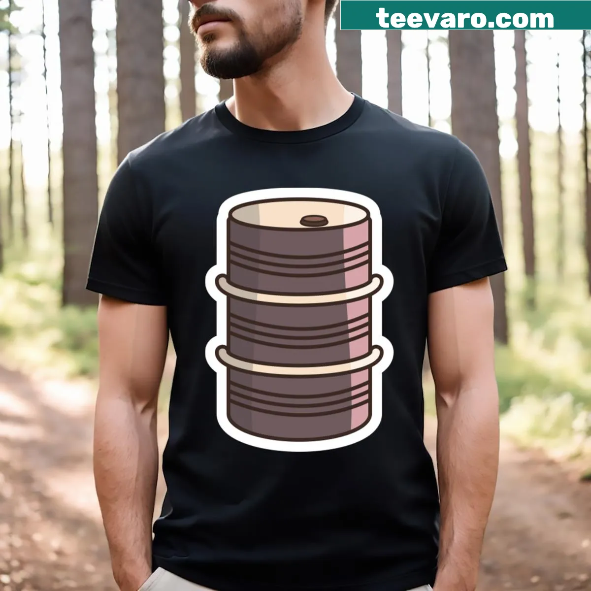 Minimalist T-shirt featuring a vector illustration of an oil barrel — on a men's t-shirt