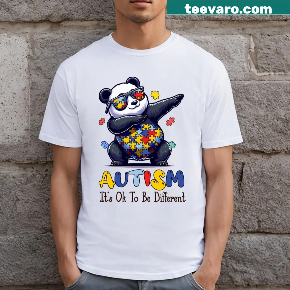 T-shirt featuring a panda with an autism awareness flag illustration — on a men's t-shirt