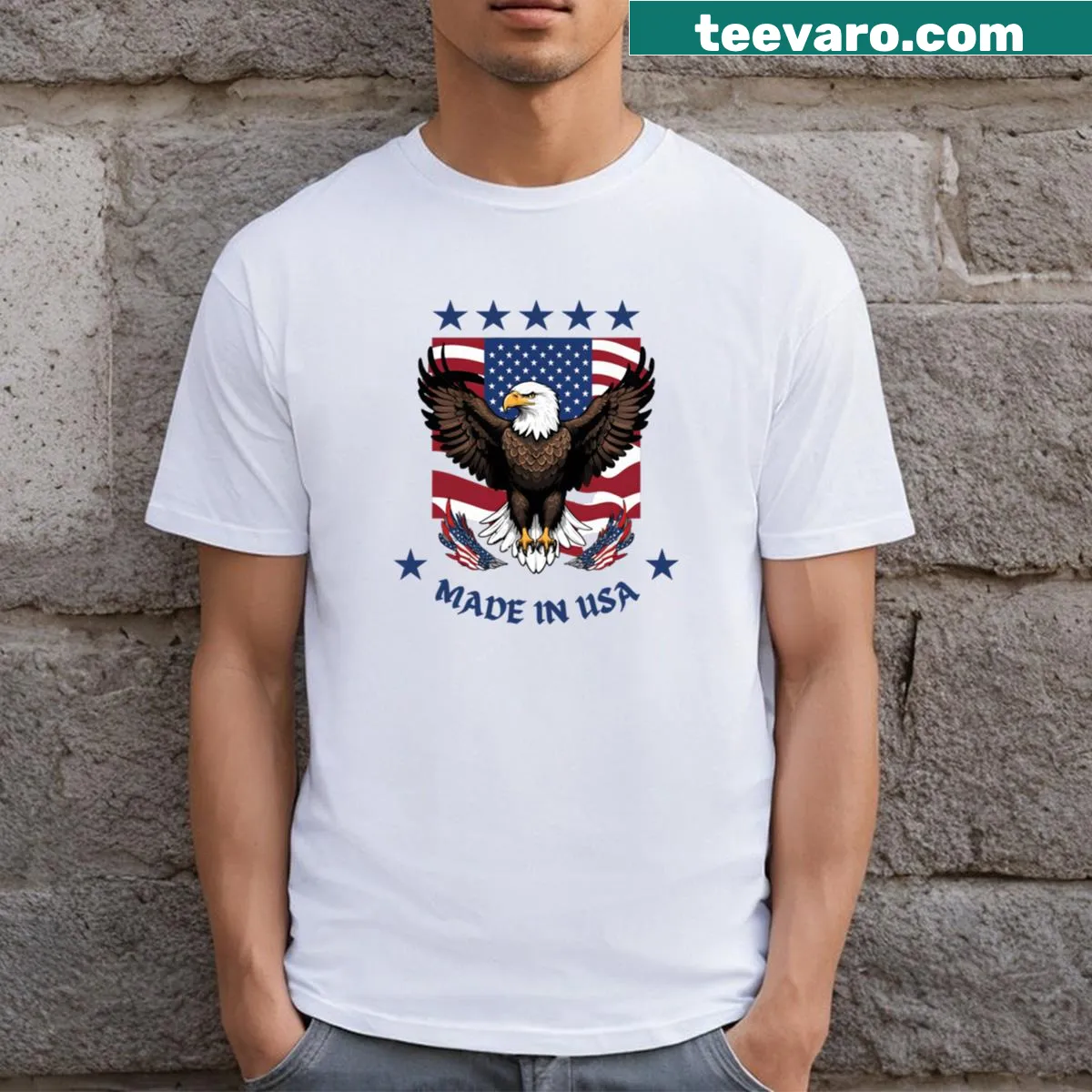Funny patriotic t-shirt with eagle and American flag design — on a men's t-shirt