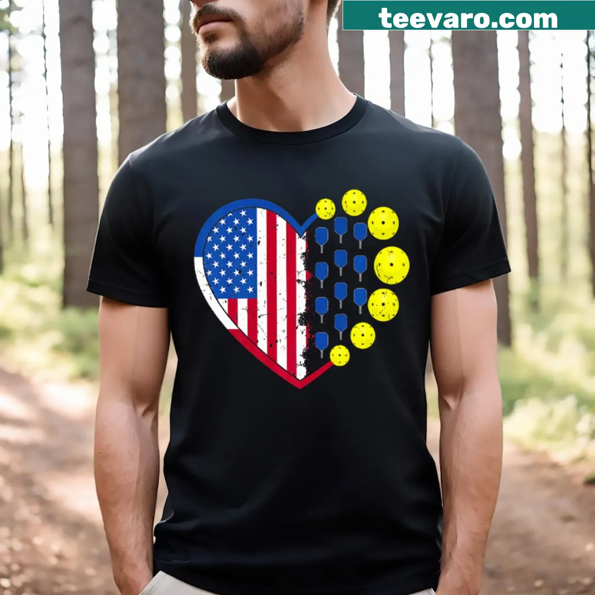 Pickleball t-shirt with American flag heart and paddles graphic — on a men's t-shirt