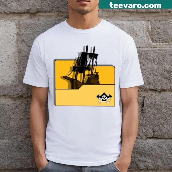 Cartoon pirate ship graphic resembling a folder icon t-shirt