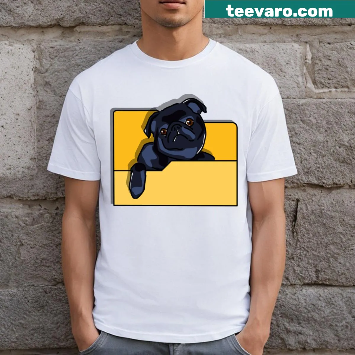 Cartoon t-shirt featuring a pug peeking from a folder — on a men's t-shirt
