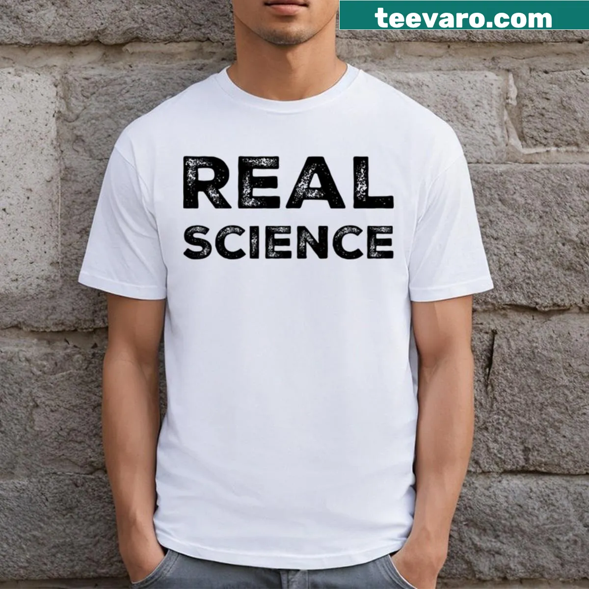 T-shirt with bold text 'Real Sciences' promoting science — on a men's t-shirt