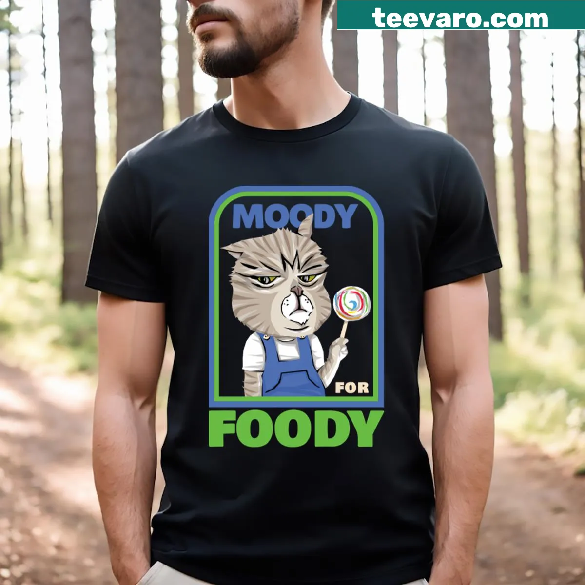 Retro moody cat graphic t-shirt — on a men's t-shirt