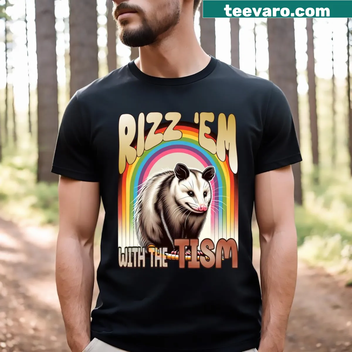 Cartoon opossum graphic with humorous text promoting autism awareness — on a men's t-shirt