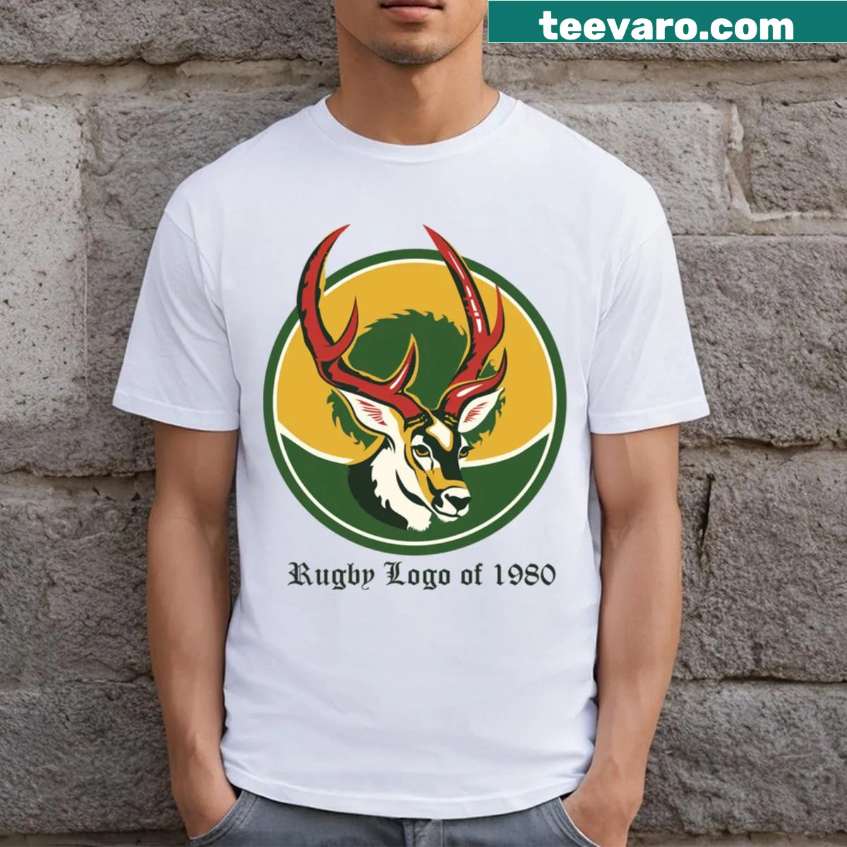 Bold rugby logo from 1980 on a t-shirt — on a men's t-shirt