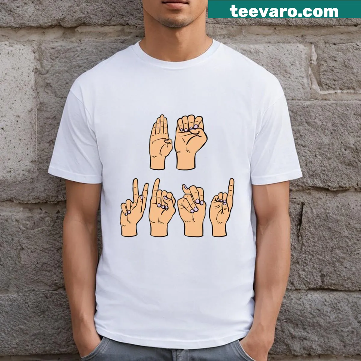 Typography design of 'Be Kind' in sign language on a t-shirt — on a men's t-shirt