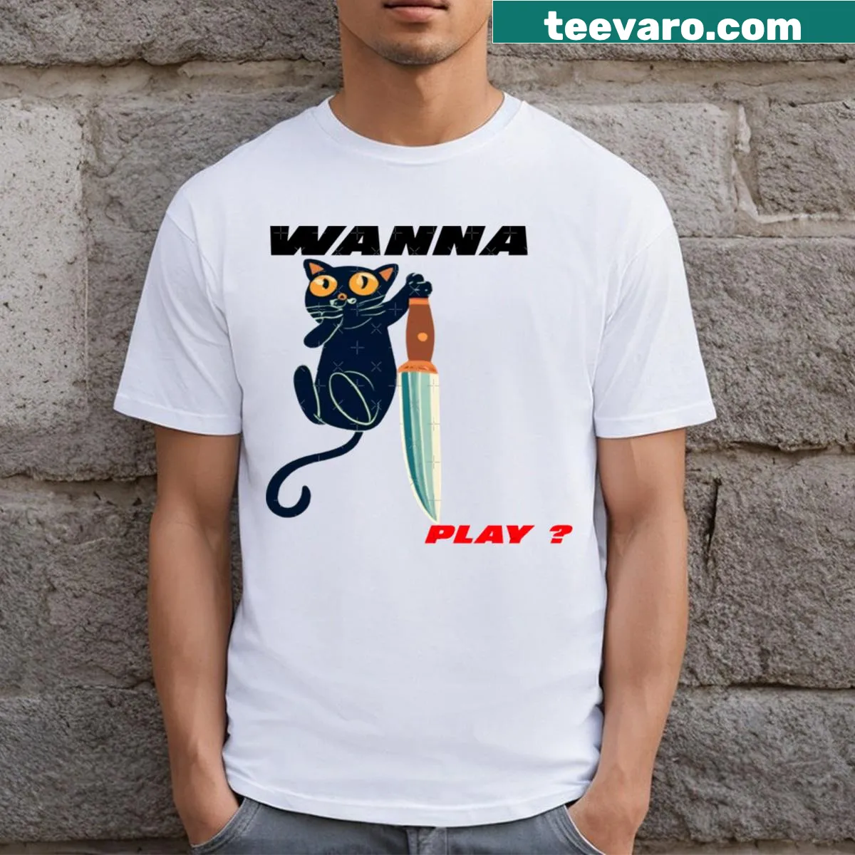 Illustration of a silly black cat with a knife on a t-shirt — on a men's t-shirt