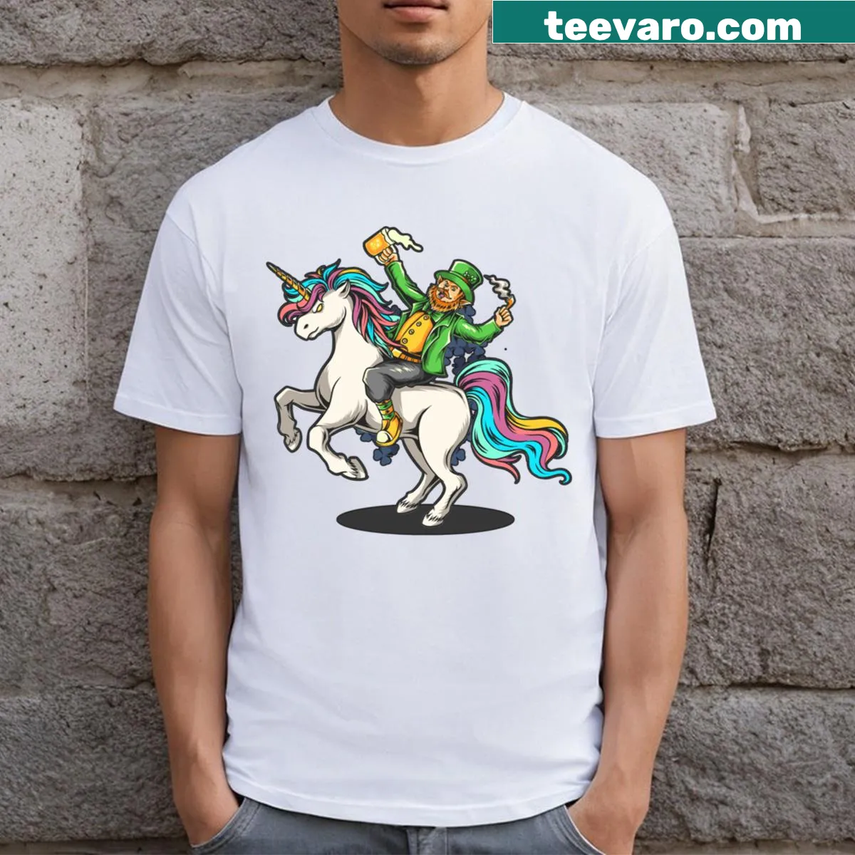 Whimsical T-shirt featuring a bearded man on a unicorn for St. Patrick's Day. — on a men's t-shirt