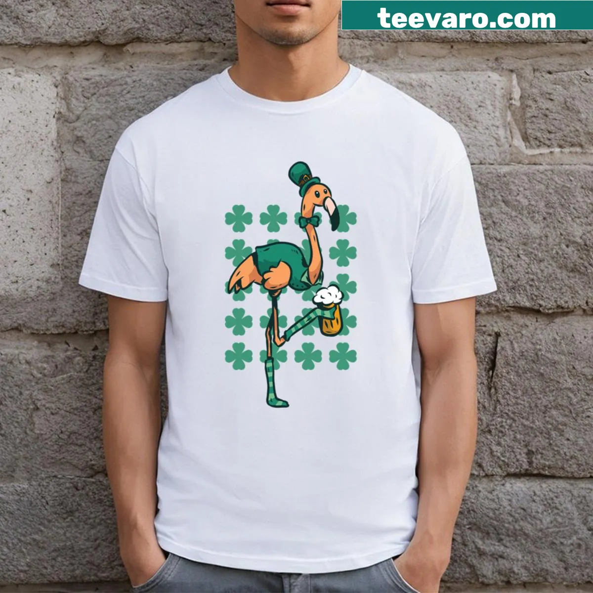 St. Patrick's Day T-shirt with whimsical flamingo design — on a men's t-shirt