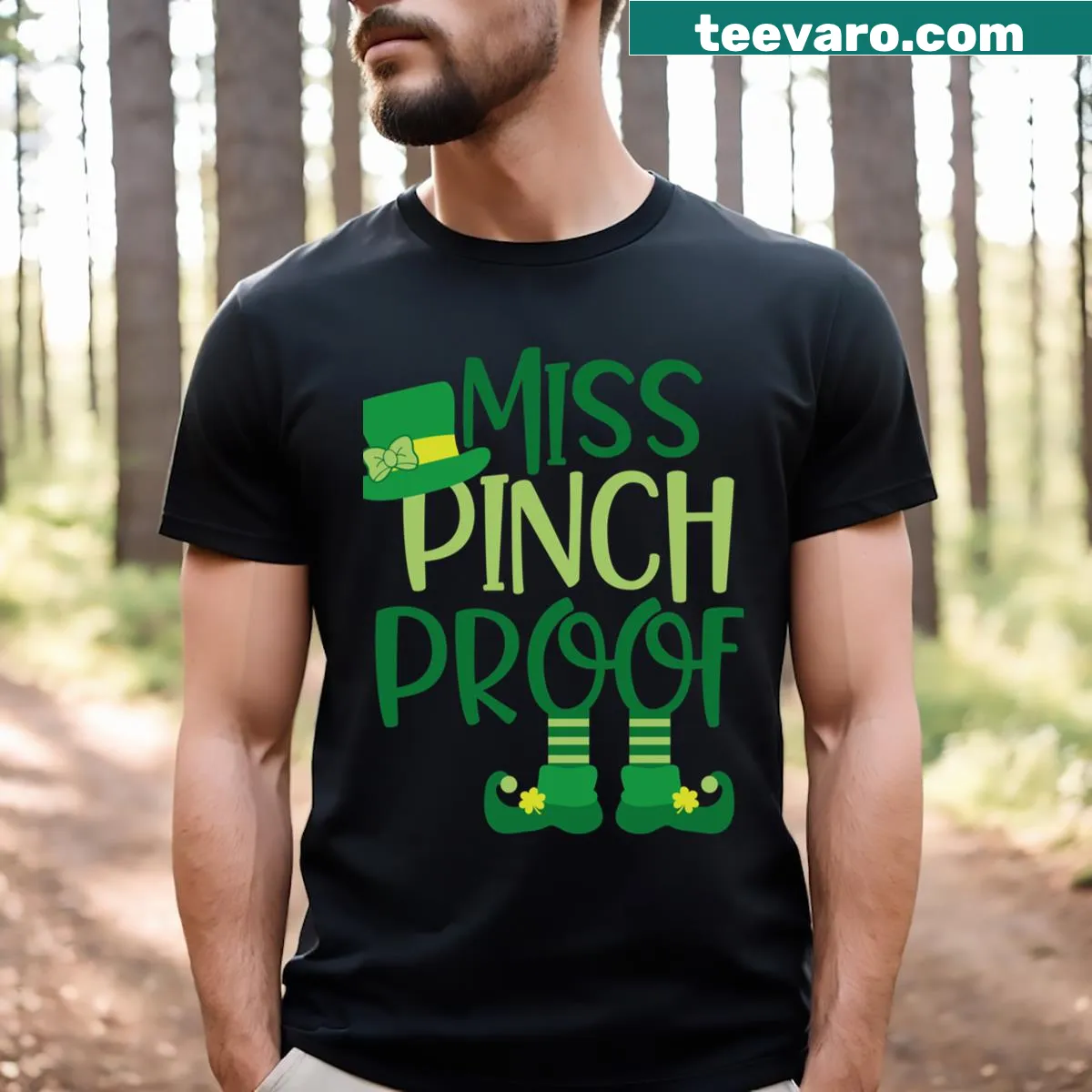 T-shirt with 'Miss Pinch Proof' text design for St. Patrick's Day — on a men's t-shirt