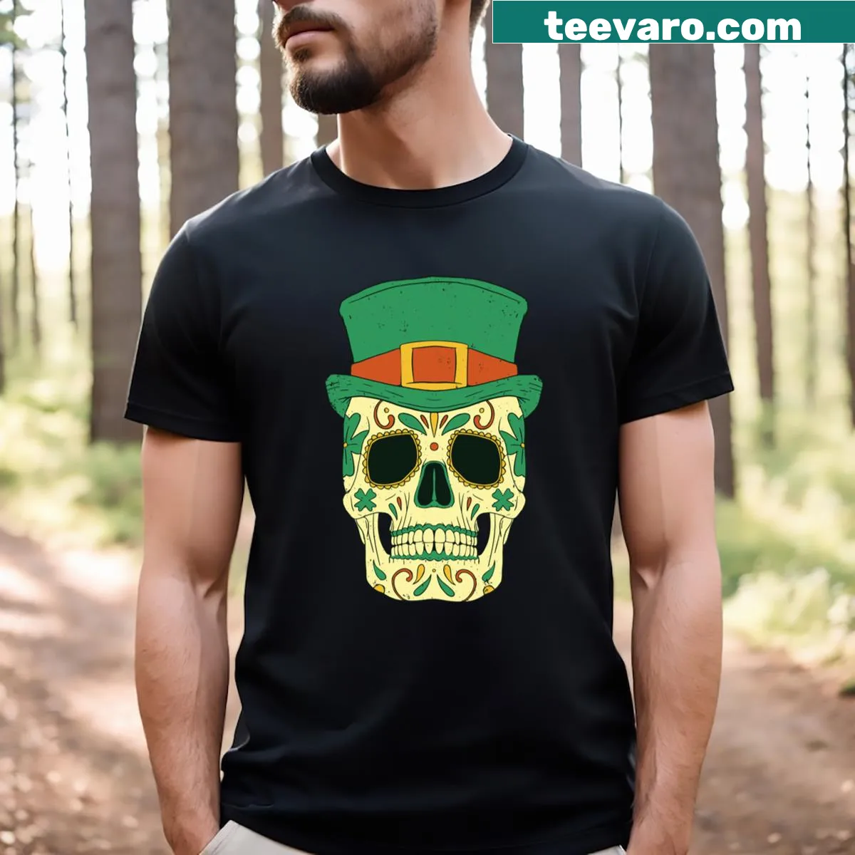 St. Patrick's Day Skull t-shirt featuring a skull and shamrocks — on a men's t-shirt