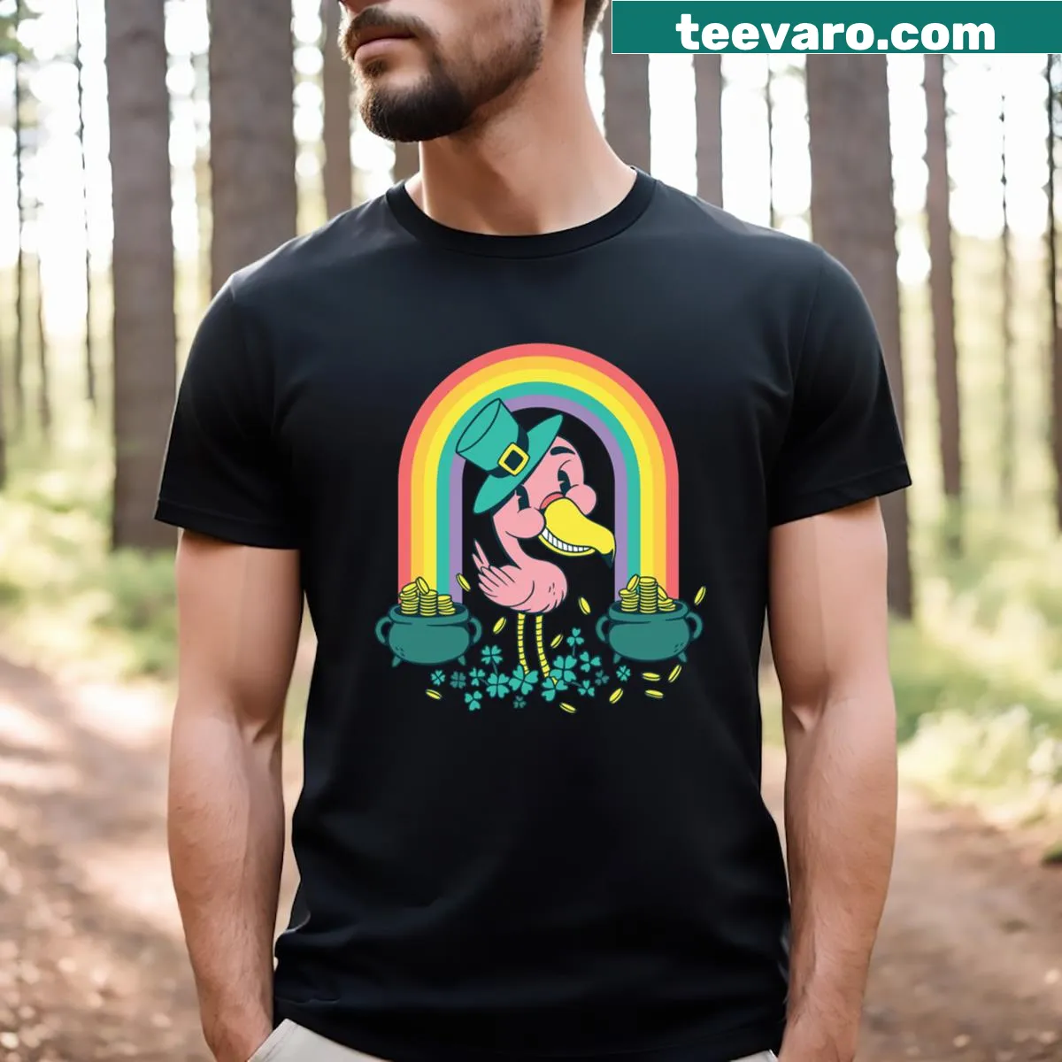 Playful St. Patrick's Day t-shirt featuring a flamingo — on a men's t-shirt