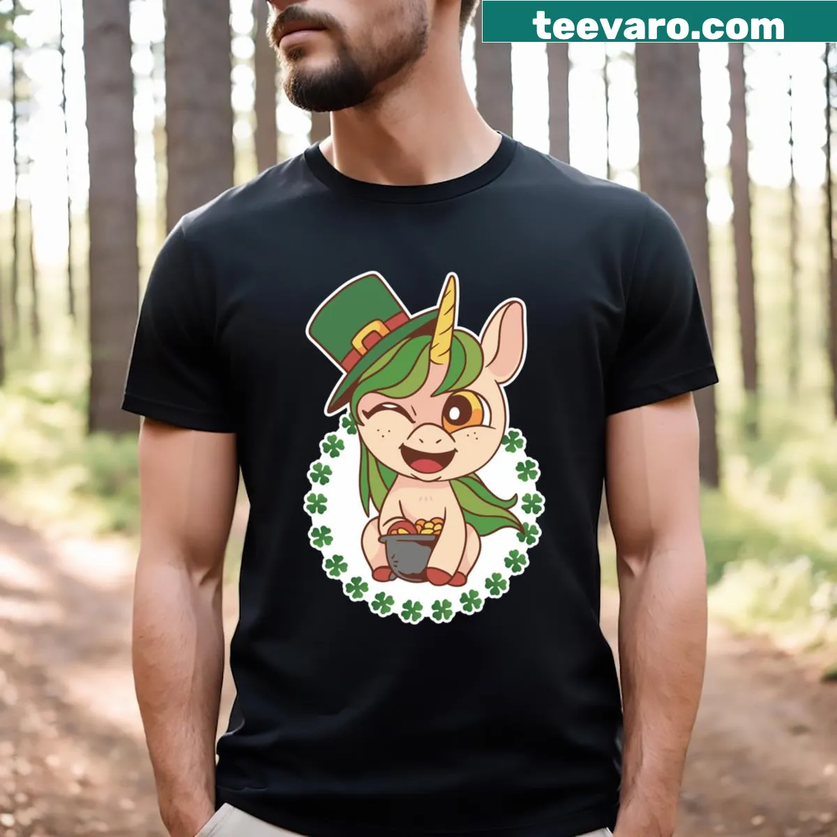St Patrick's Day Unicorn t-shirt with a shamrock design — on a men's t-shirt