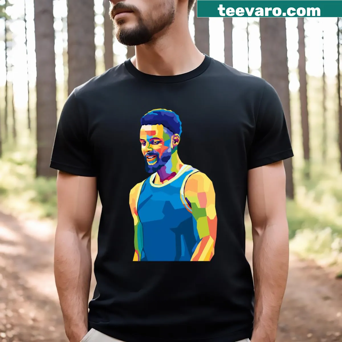 Pop art style graphic of Steph Curry in a dynamic pose — on a men's t-shirt