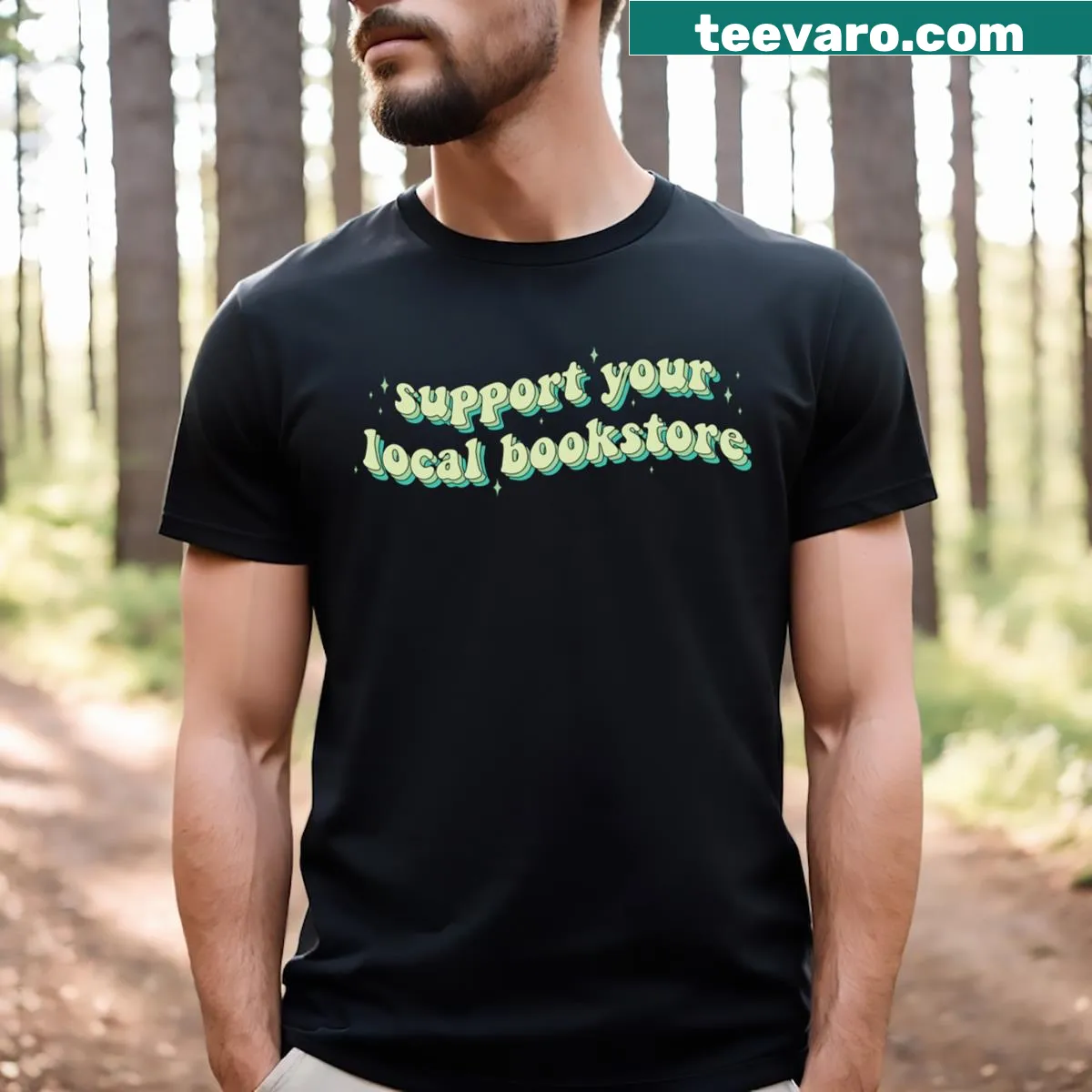 Bookstore advocacy graphic T-shirt — on a men's t-shirt
