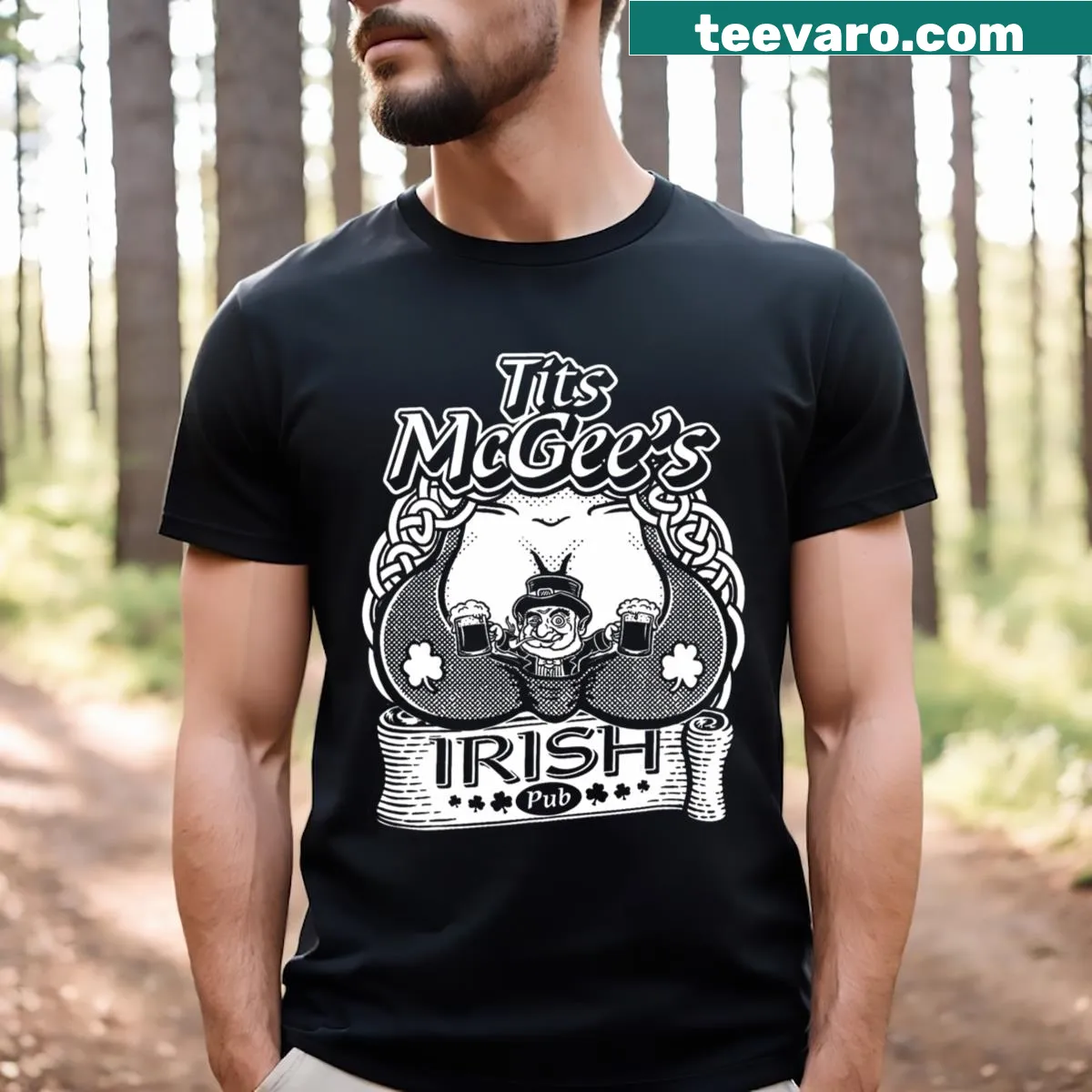 Funny St. Patrick's Day T-shirt with shamrocks and pub theme. — on a men's t-shirt