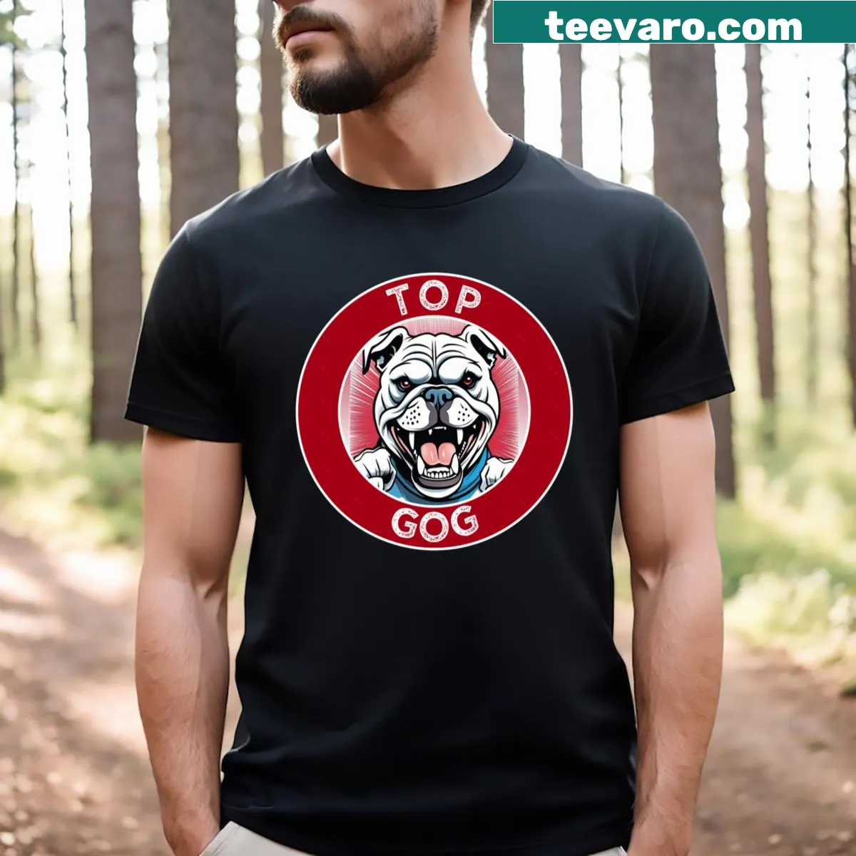 Illustrated T-shirt with a bulldog and the text 'Top Gog'. — on a men's t-shirt