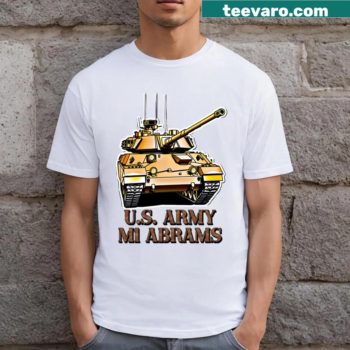 Graphic of M1 Abrams tank on a military-themed T-shirt — on a men's t-shirt