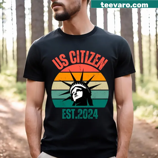 Patriotic T-shirt featuring 'Us Citizen American Pride Est 2024' text
