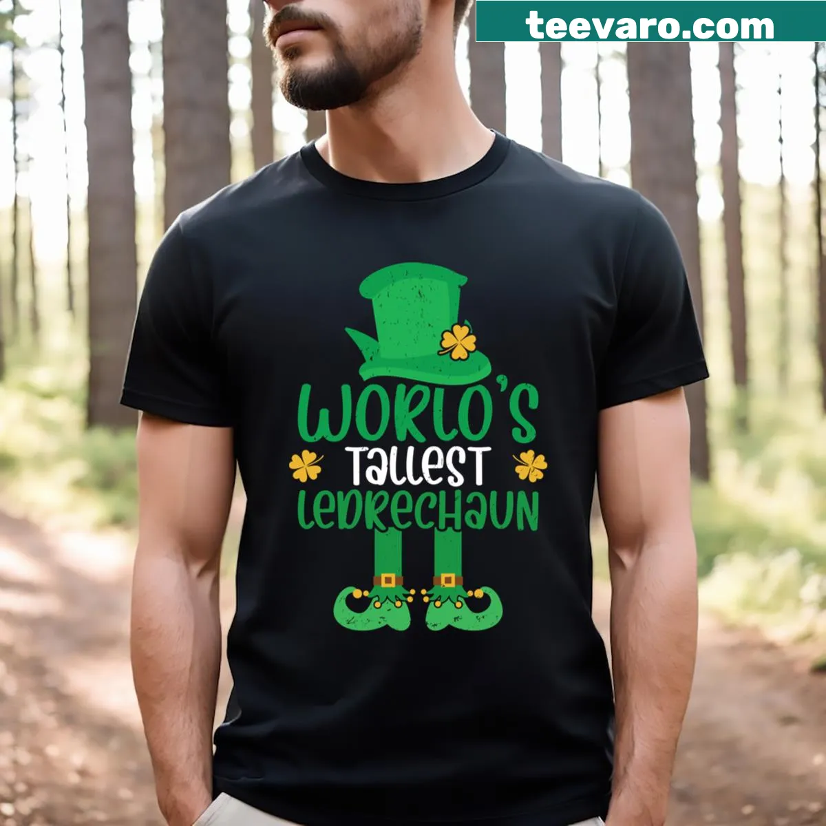 T-shirt with 'World's Tallest Leprechaun' graphic for St. Patrick's Day — on a men's t-shirt