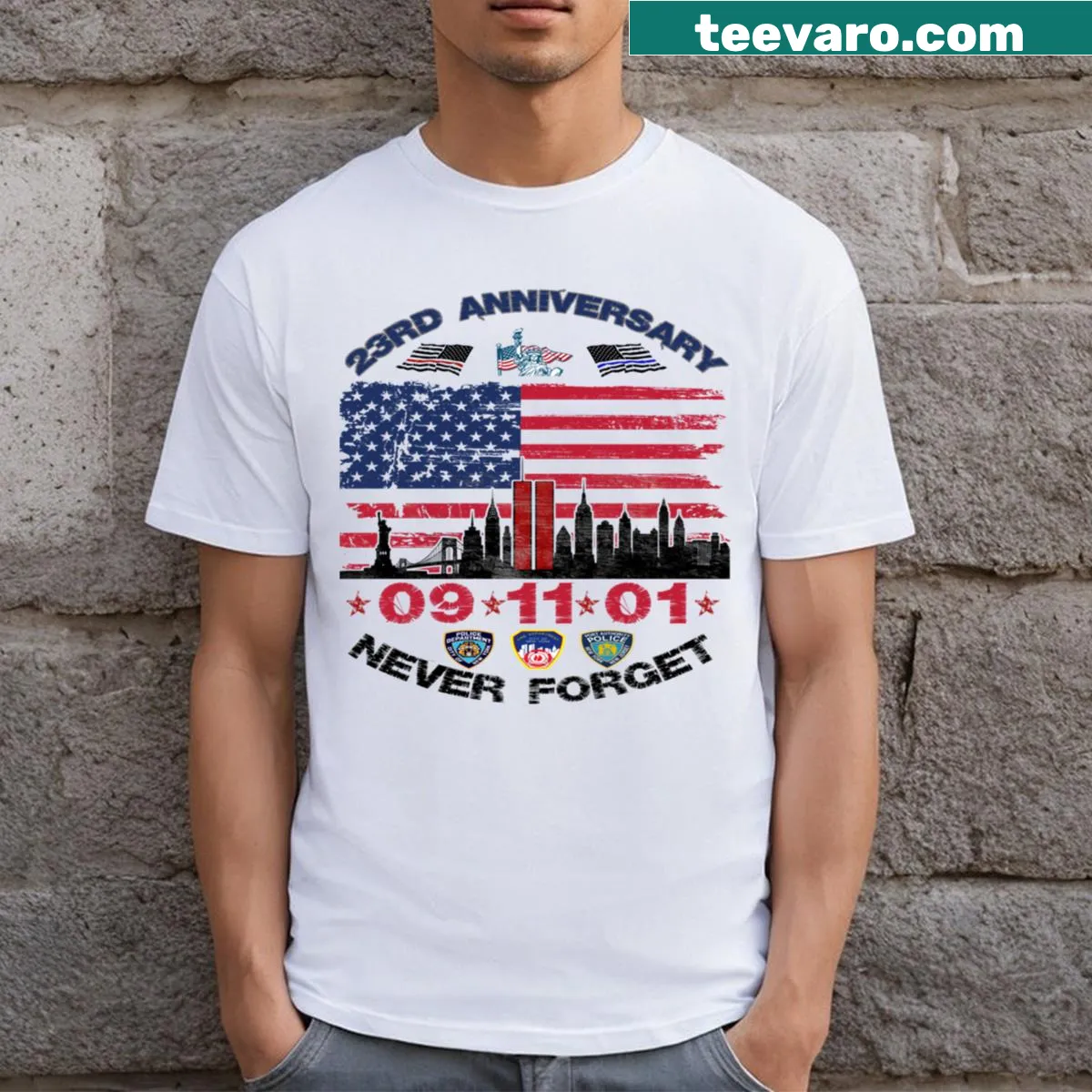 Commemorative T-shirt honoring the 9/11 anniversary — on a men's t-shirt