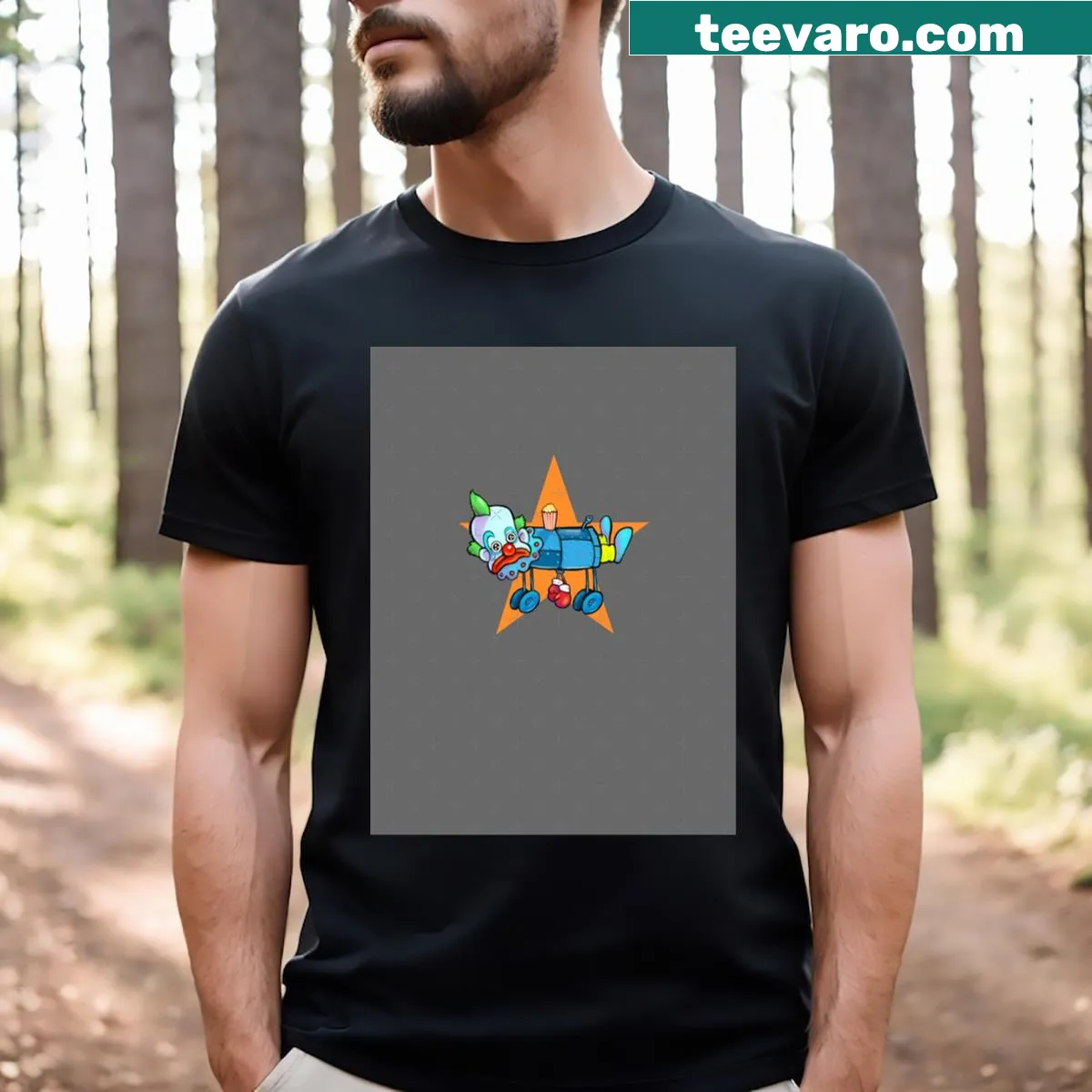 Graphic t-shirt featuring a sad killer klown in an iron lung — on a men's t-shirt