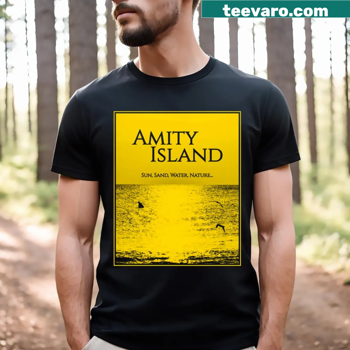 Hand-lettered Amity Island t-shirt with a coastal vibe. — on a men's t-shirt