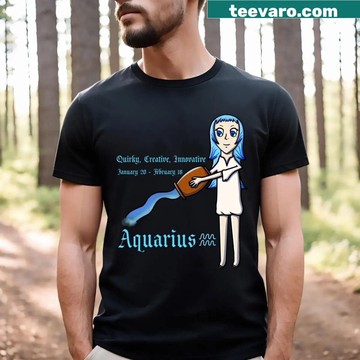 Astrology t-shirt featuring Aquarius zodiac sign traits and dates — on a men's t-shirt