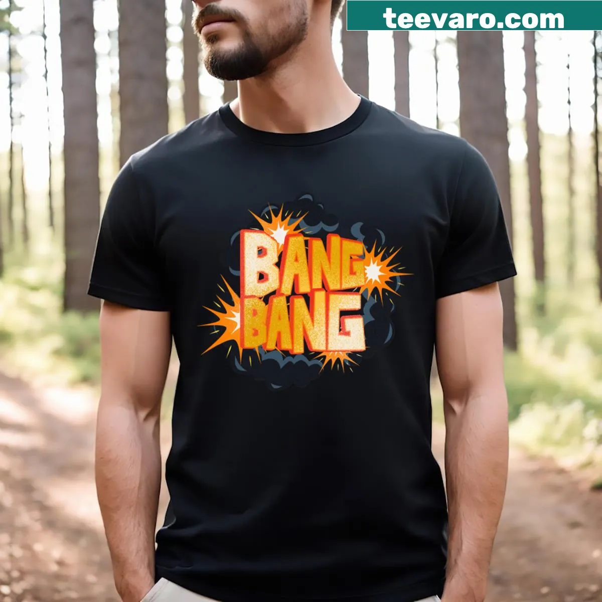 Bold Bang Bang! Essential t-shirt with energetic graphic — on a men's t-shirt