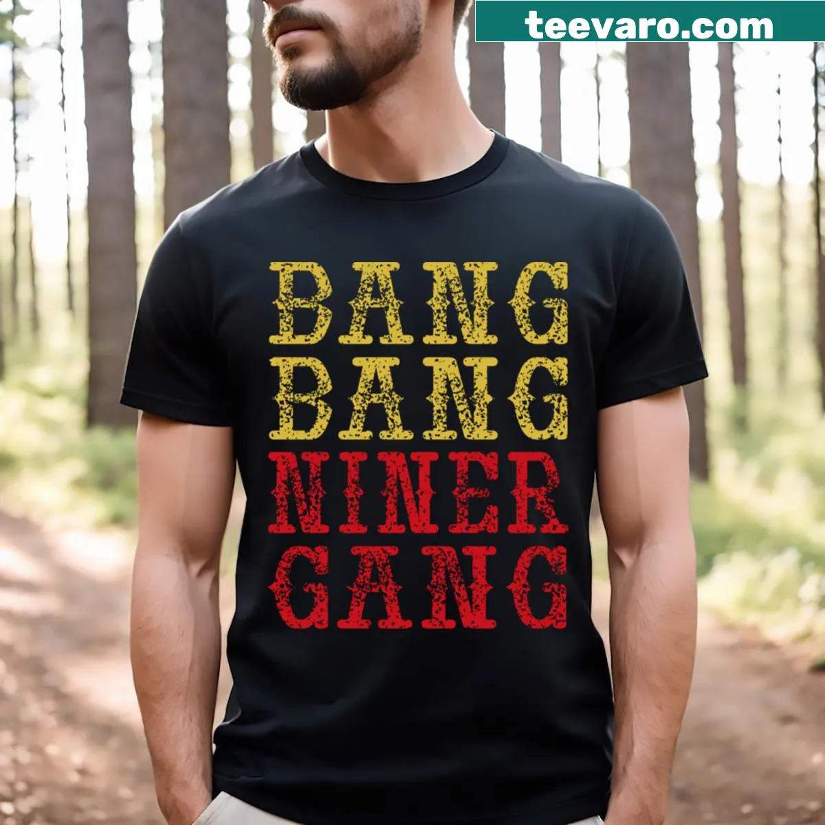 Funny Bang Bang Niner Gang T-shirt with illustrated text design — on a men's t-shirt