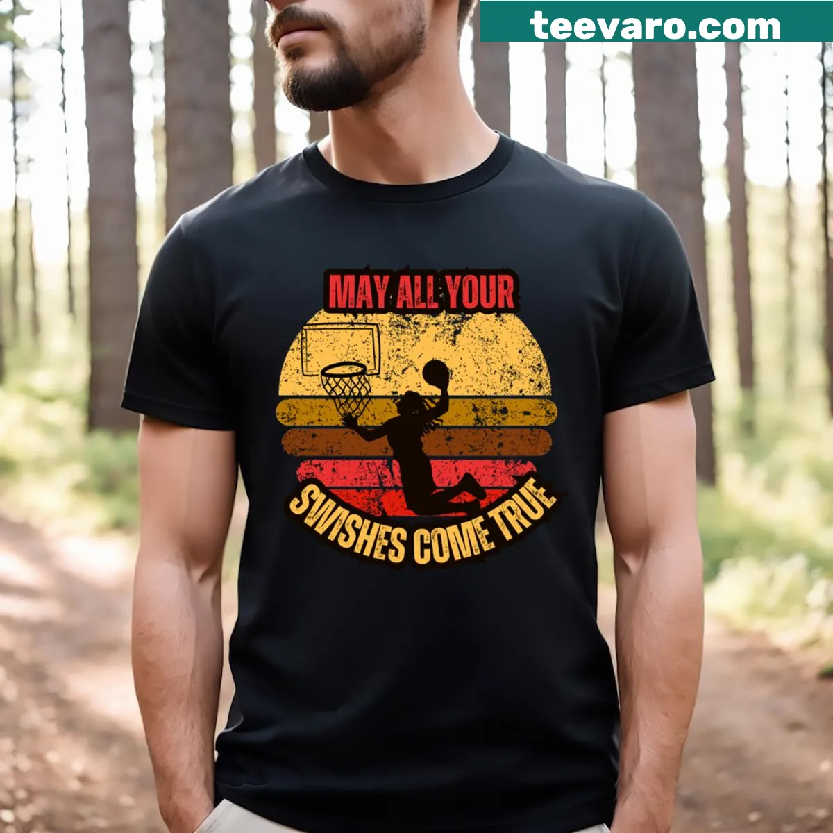 Playful Baseketball t-shirt featuring humorous swish phrase — on a men's t-shirt