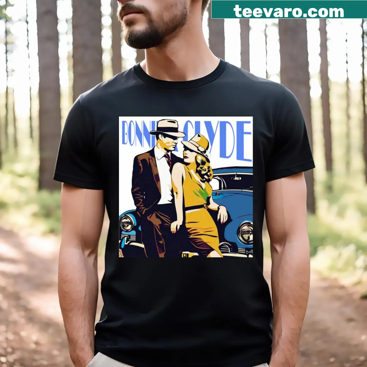 Vintage-style Bonnie and Clyde design on a T-shirt — on a men's t-shirt