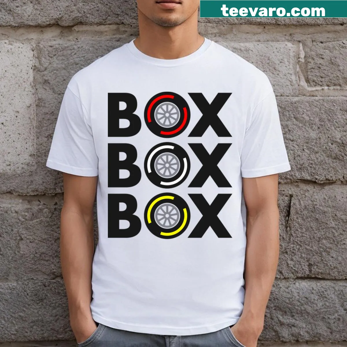 Illustrated F1 tyre compound design on a casual t-shirt — on a men's t-shirt
