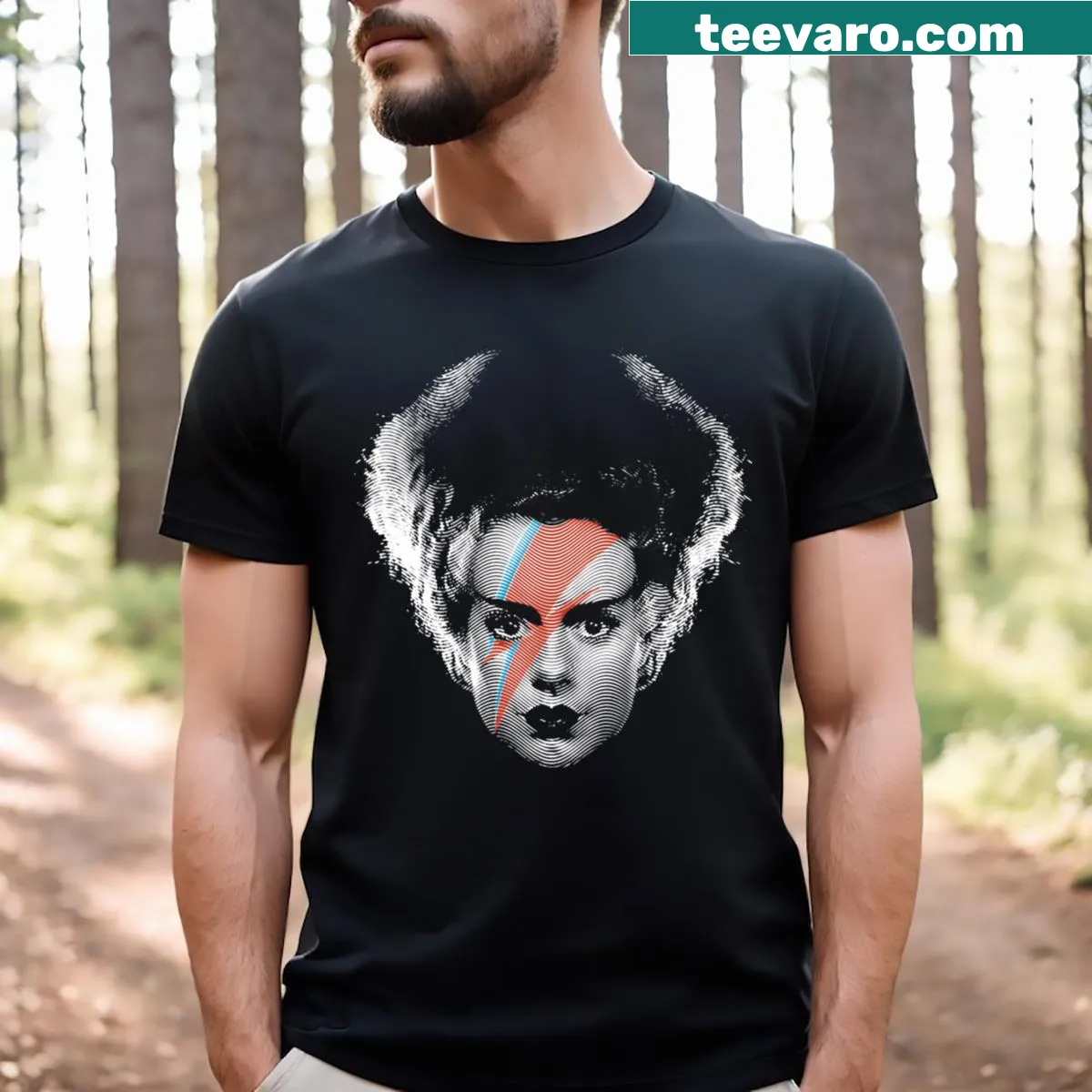 Bride of Bowie Frankenstein illustration T-shirt — on a men's t-shirt