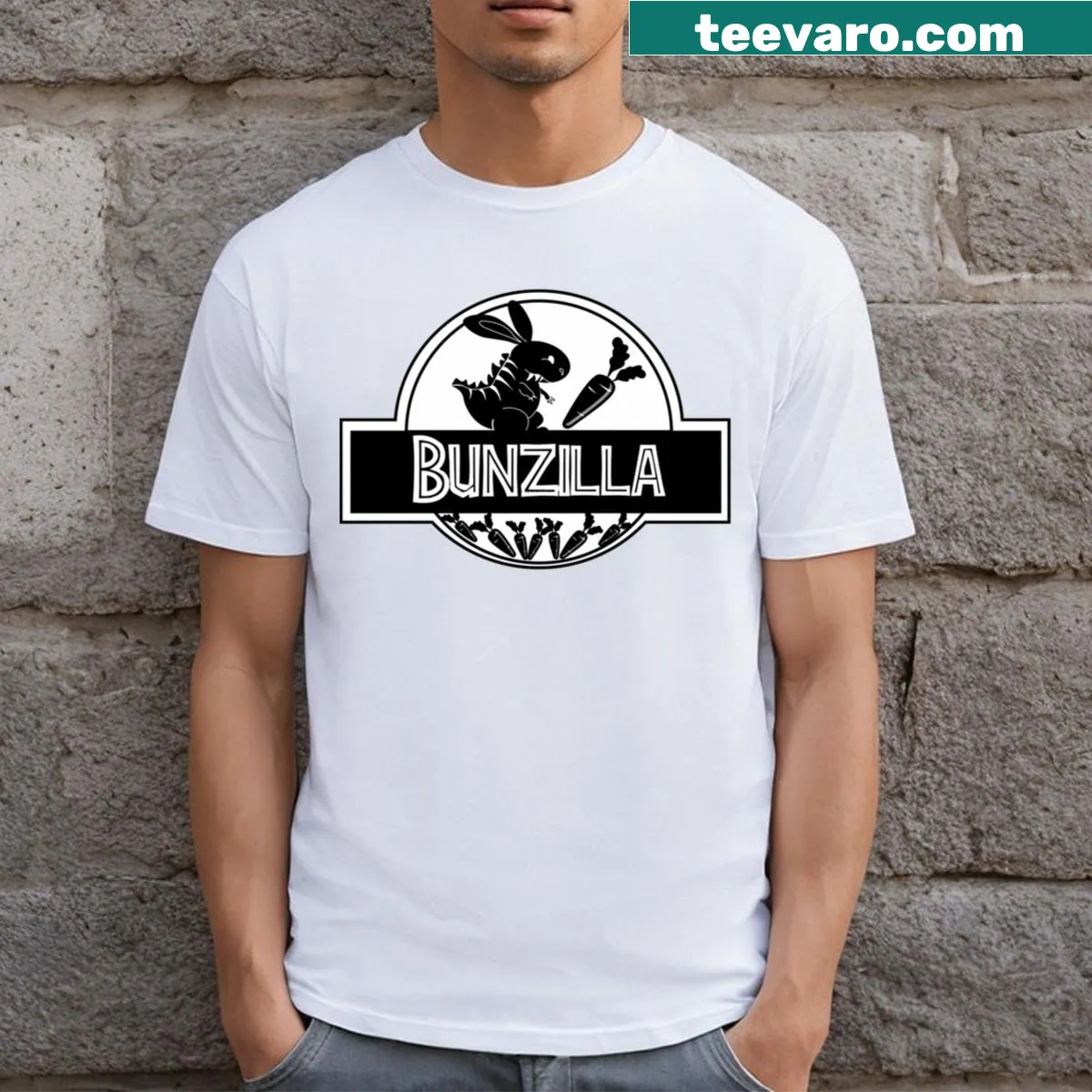 Illustration of Bunzilla the Bunny causing chaos in a carrot farm — on a men's t-shirt