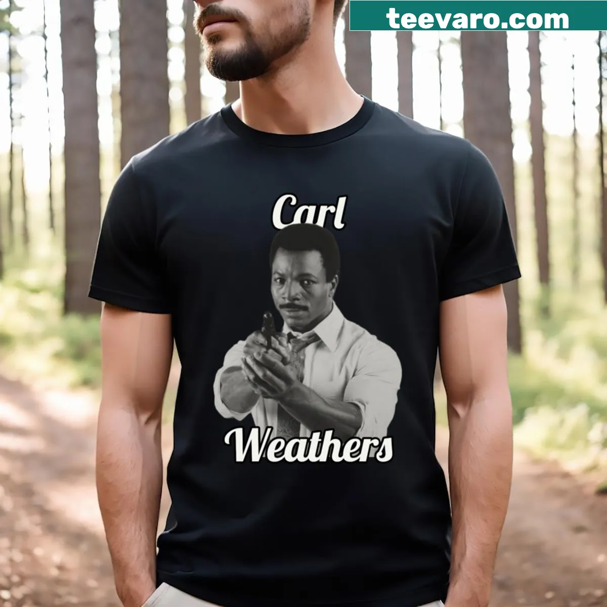 Tribute T-shirt celebrating Carl Weathers, established in 1948 — on a men's t-shirt