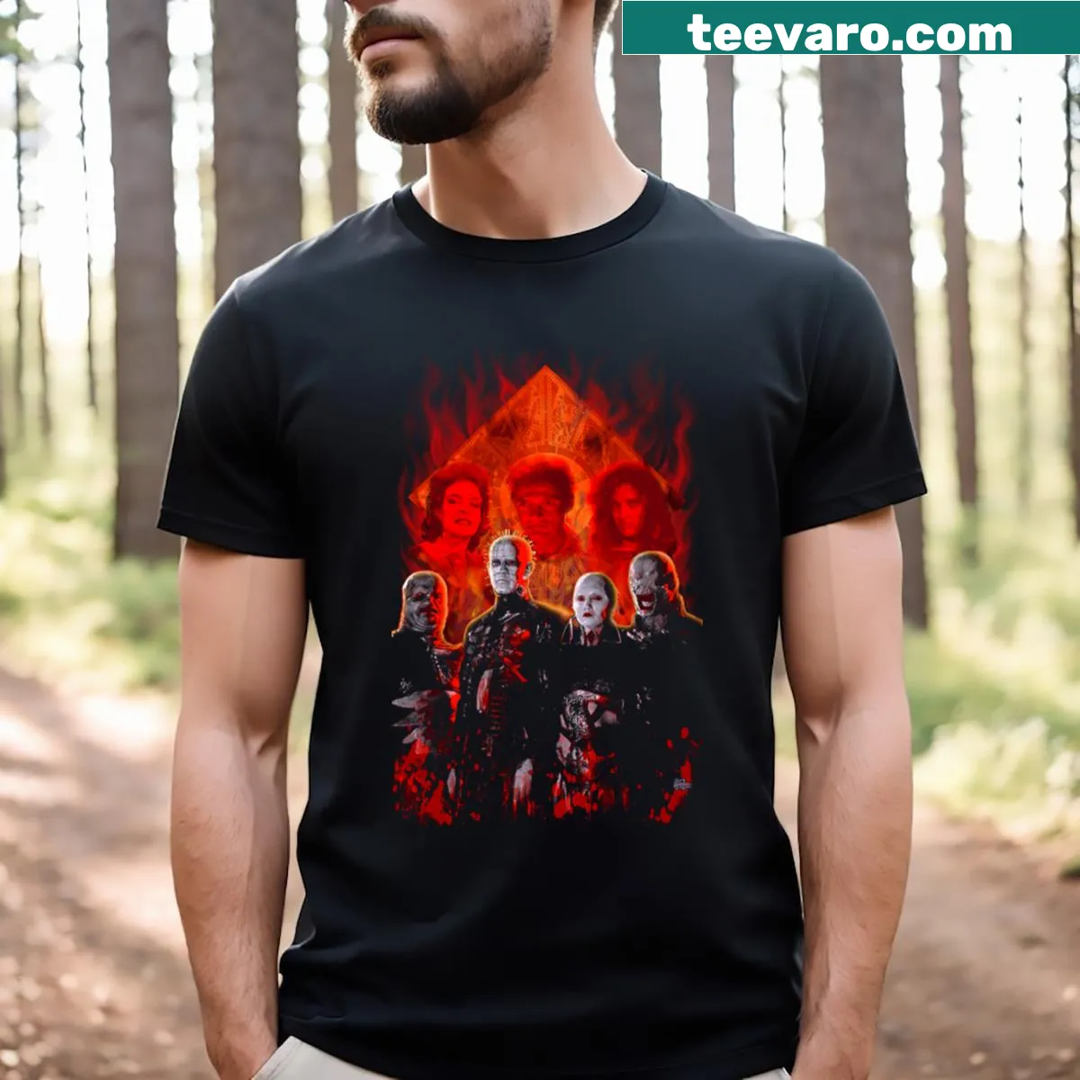 Graphic T-shirt featuring Cenobites and puzzle box illustration — on a men's t-shirt