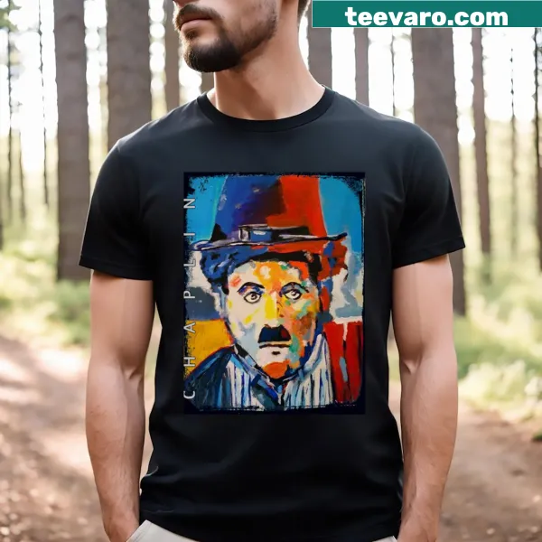 Vintage-inspired t-shirt featuring an artistic depiction of Charlie Chaplin