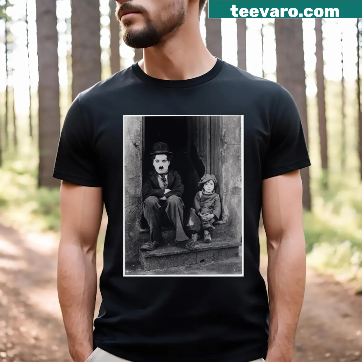 Illustration t-shirt of Charlie Chaplin with his friend — on a men's t-shirt