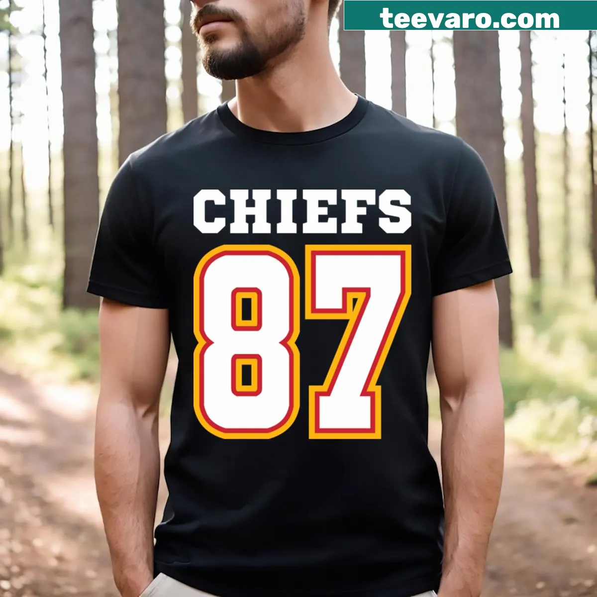 Chiefs Kelce 87 t-shirt with player number graphic — on a men's t-shirt