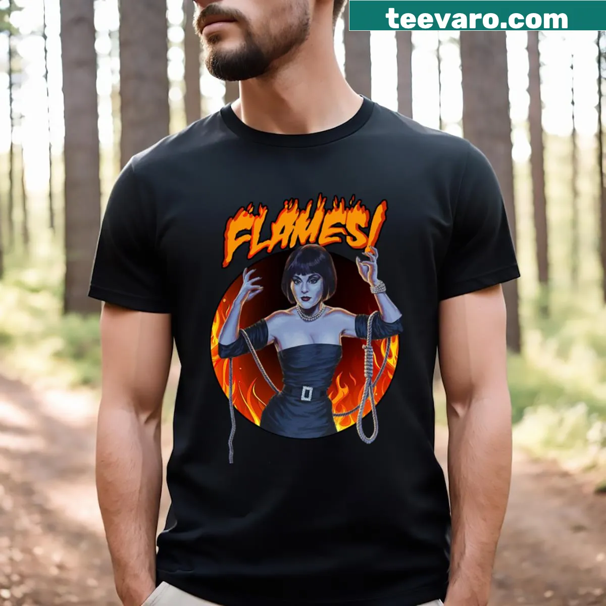 Clue Movie Flames t-shirt with playful design — on a men's t-shirt