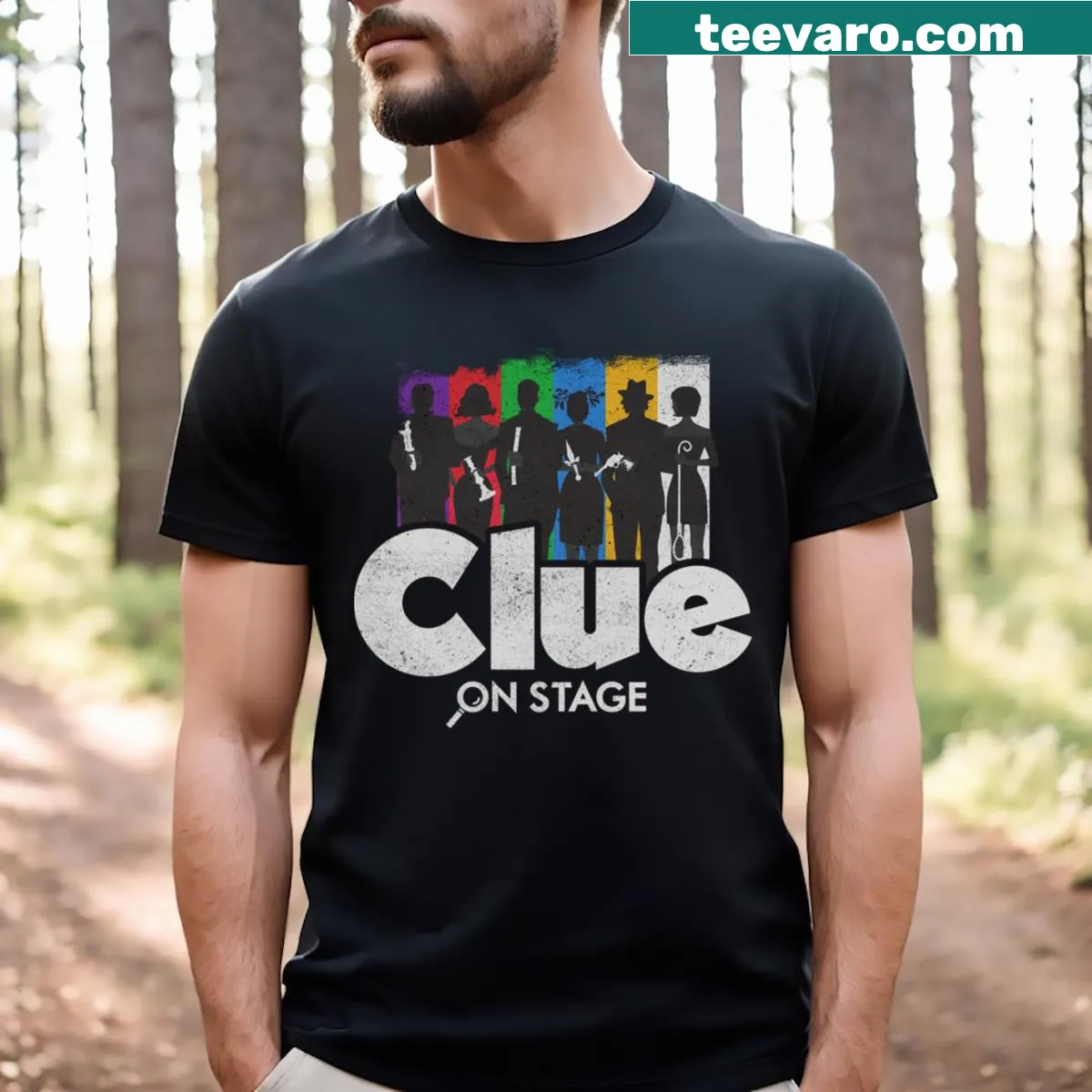 Illustrative T-shirt inspired by Clue board game — on a men's t-shirt