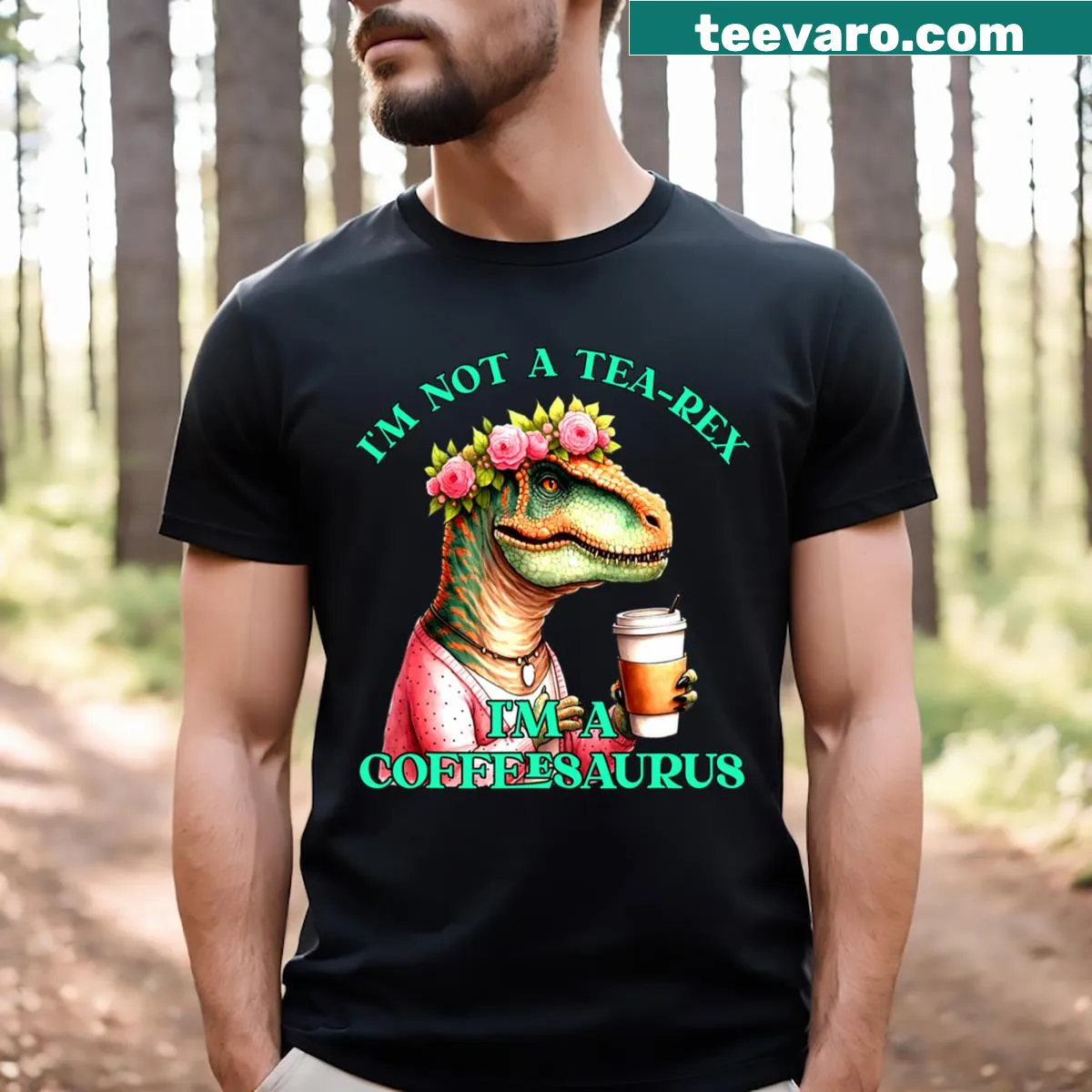 Funny dinosaur-themed coffee mom T-shirt with humorous text — on a men's t-shirt