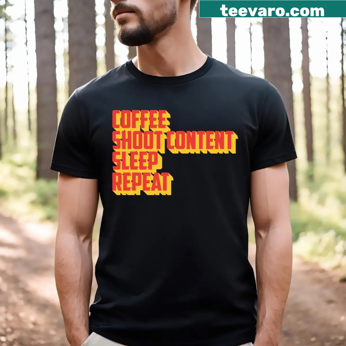 Content creator themed T-shirt with coffee and productivity phrase — on a men's t-shirt