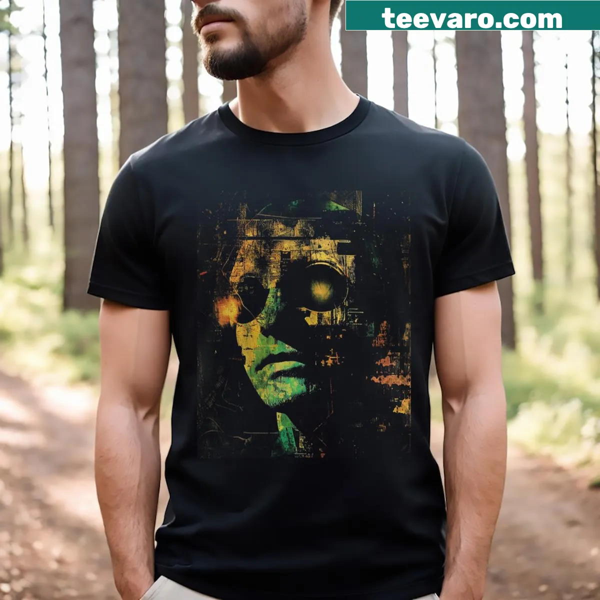 Abstract techno portrait graphic on a T-shirt — on a men's t-shirt