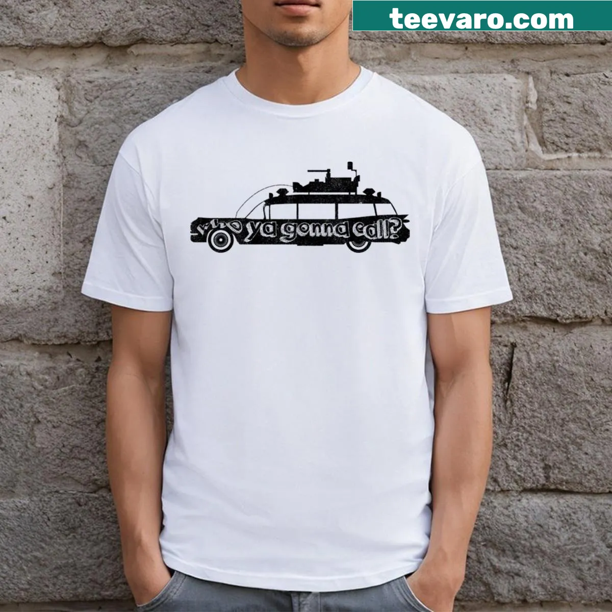 Graphic t-shirt featuring the iconic Ecto 1 vehicle from Ghostbusters — on a men's t-shirt