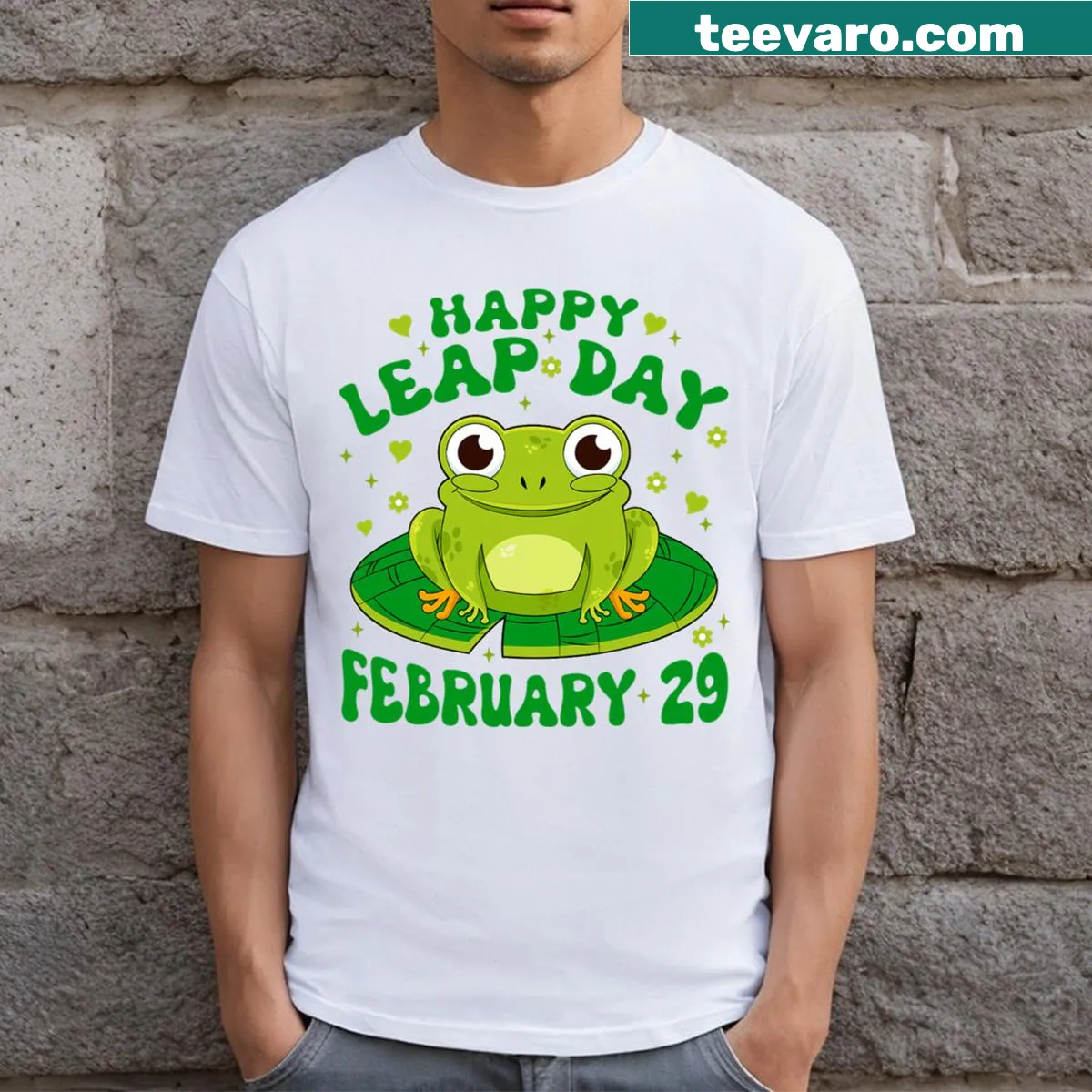 Cute frog graphic celebrating Leap Day on a T-shirt. — on a men's t-shirt