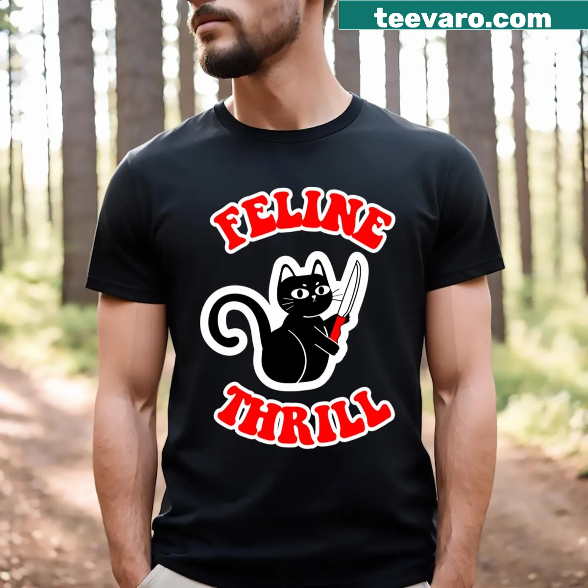 Funny black cat graphic t-shirt holding a knife — on a men's t-shirt